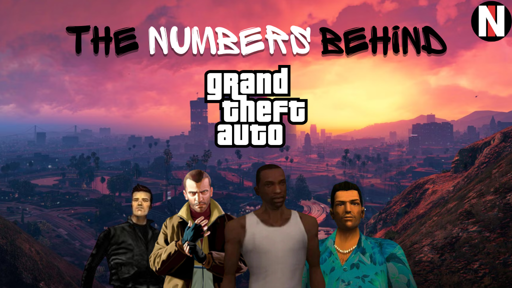 A skyline of GTA V with some of the protagonists of previous GTA video game titles